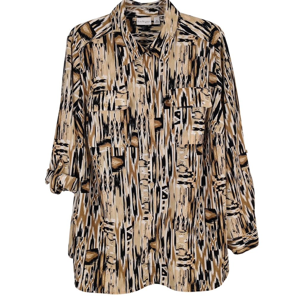 Kim Rogers Womens 1X Button Down Shirt Multicolor Abstract Ikat Roll Tab Sleeve